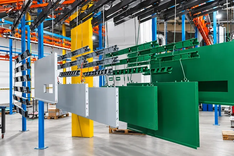 Processo di verniciatura a spruzzo industriale per componenti di porte prefabbricate